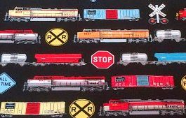 Trains & Engines Quilt Fabric Black, Red, Blue by Elizabeth Studio