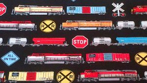 Trains & Engines Quilt Fabric Black, Red, Blue by Elizabeth Studio 1 Trains & Engines Quilt Fabric Black, Red, Blue by Elizabeth Studio